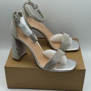 Journee Womens Idda Rhinestone Silver Textile High Block Heel Sandals Size 8